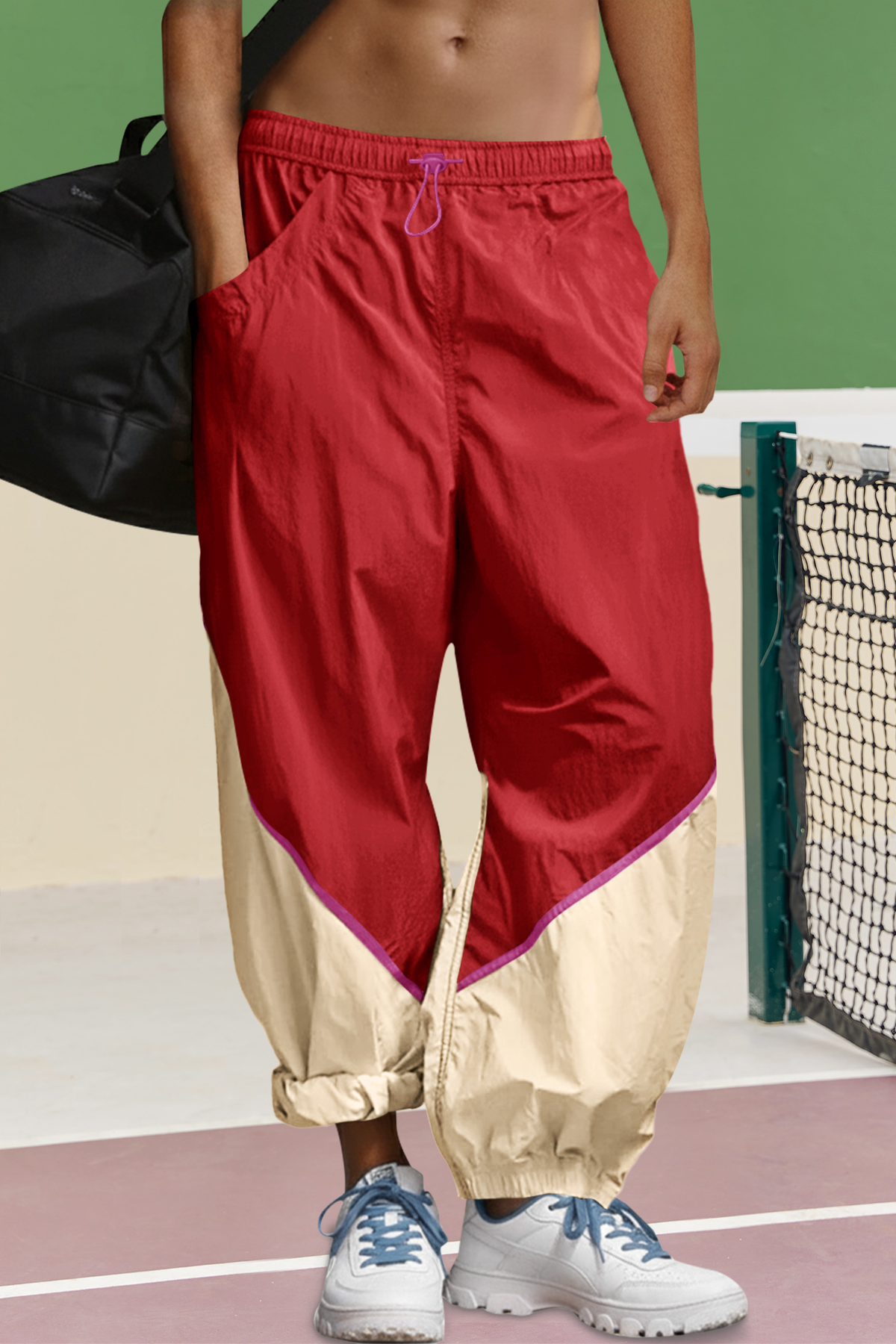 Womens Red Elastic Waist Color Block Pants Fisoew - Fisoew