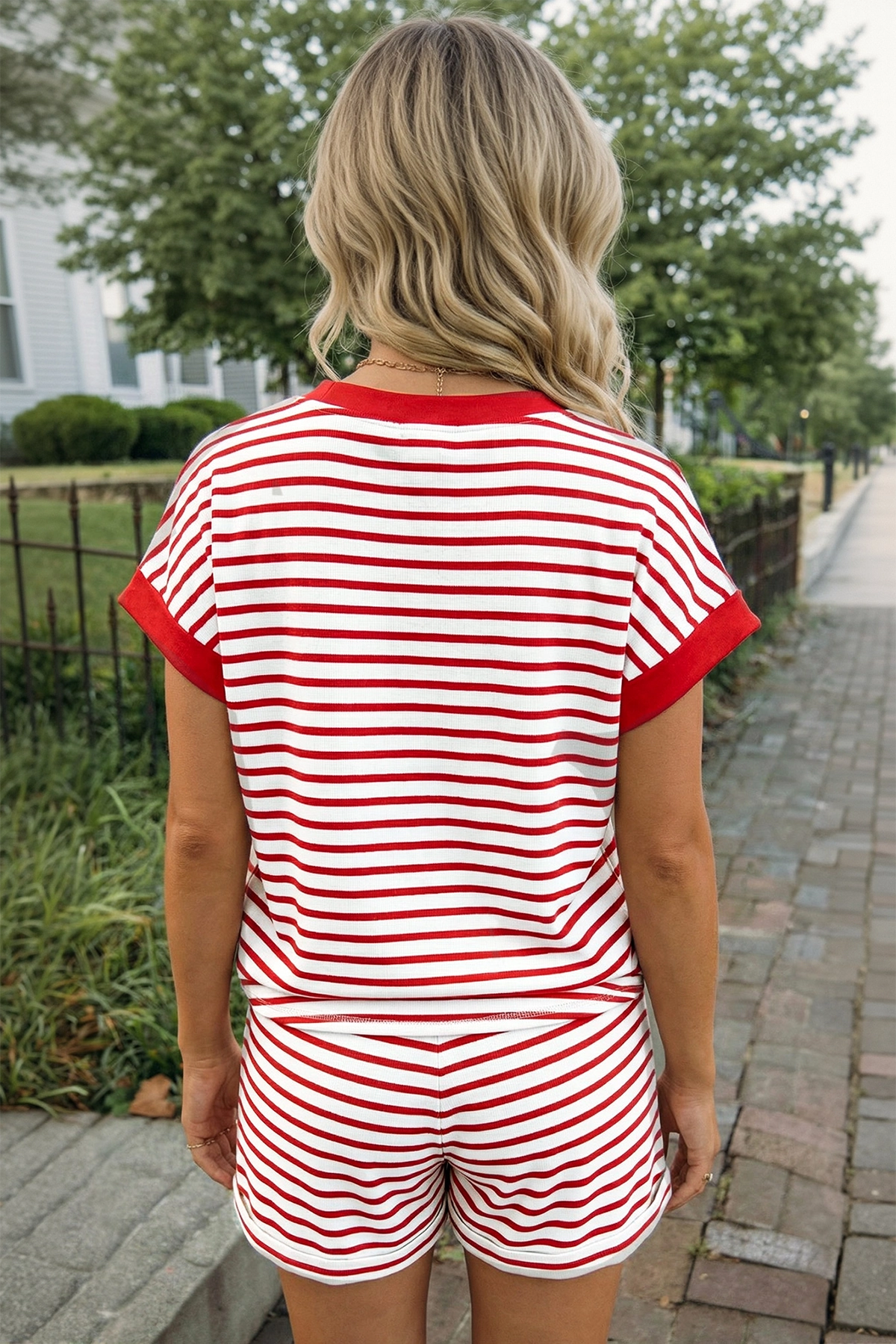 Fisoew Women's Red Striped Casual Workout 2 Piece Outfits - Fisoew