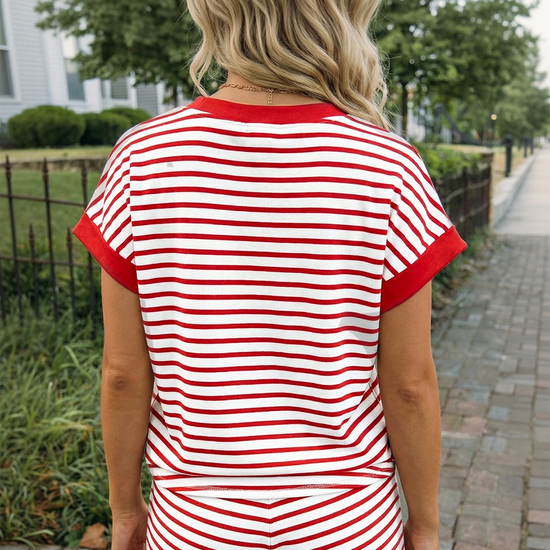 Fisoew Women's Red Striped Casual Workout 2 Piece Outfits - Fisoew