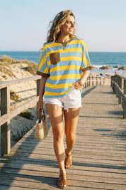 Fisoew Women's Yellow 2026 Summer Color Block Striped T-Shirts - Fisoew