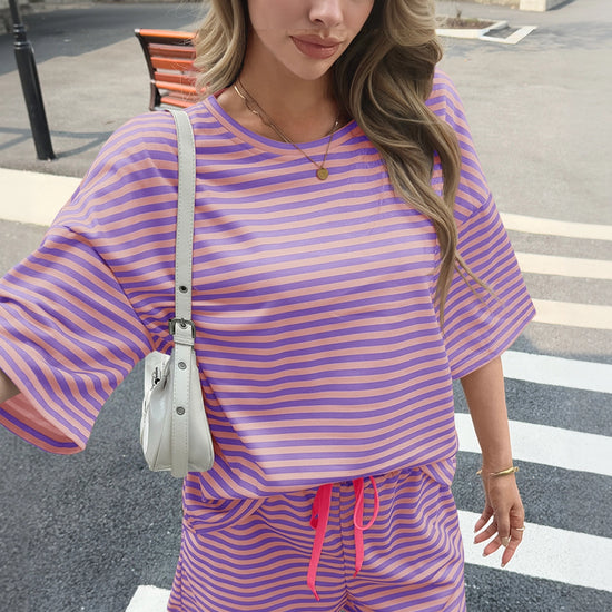 Womens Violet Striped Short Sets 2 Piece Fisoew - Fisoew