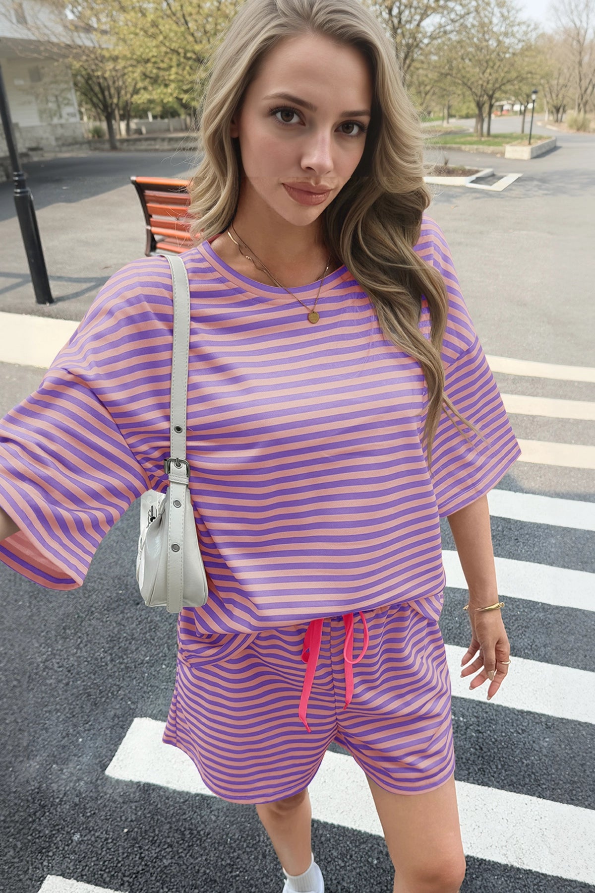 Womens Violet Striped Short Sets 2 Piece Fisoew - Fisoew