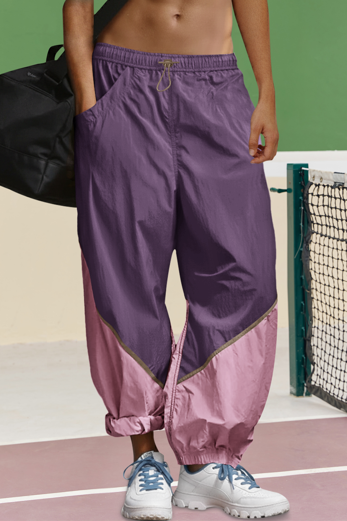 Womens Violet Elastic Waist Color Block Pants Fisoew - Fisoew
