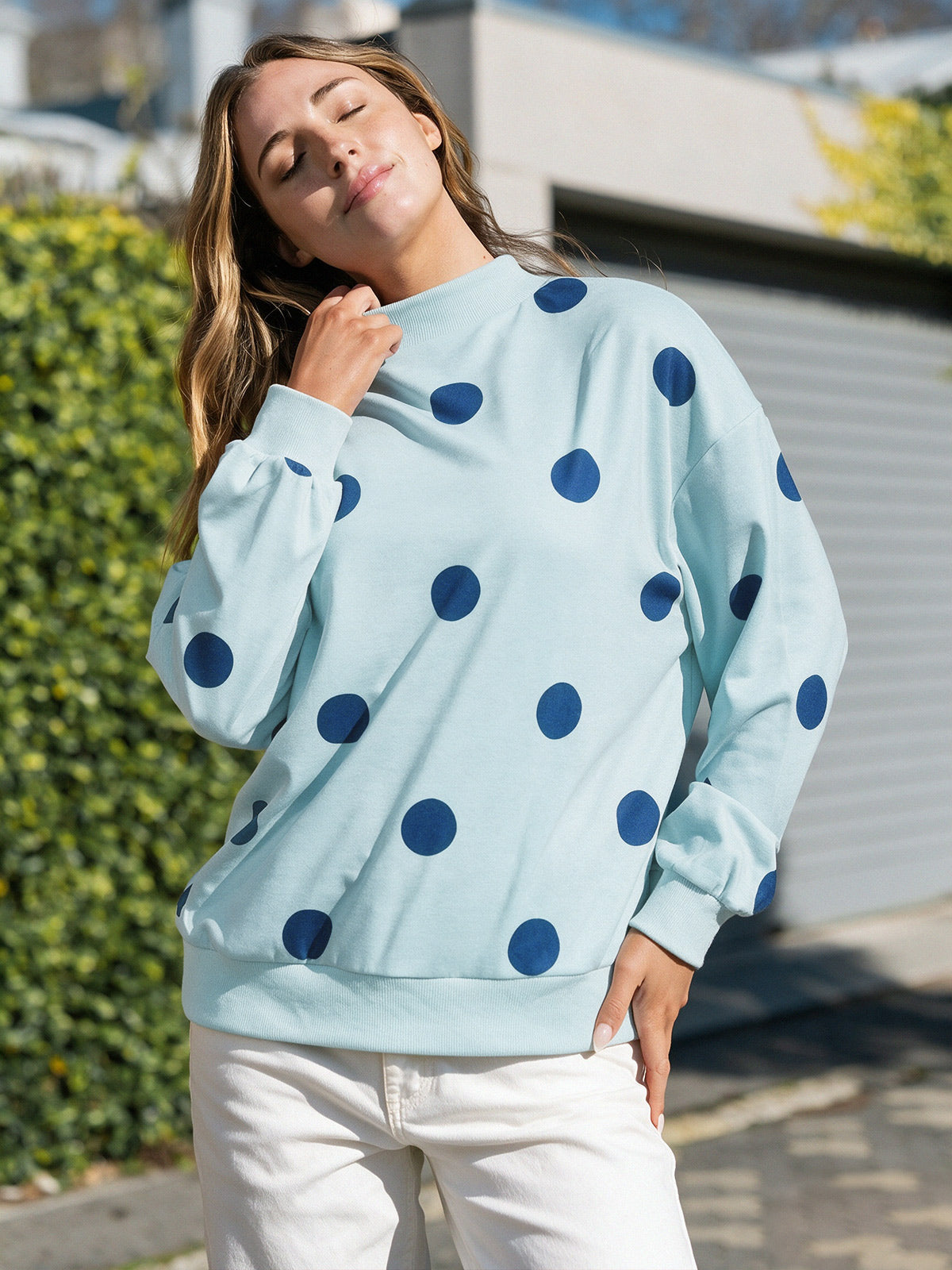 Mock Neck Long Sleeve Polka Dot Sweatshirts - Fisoew