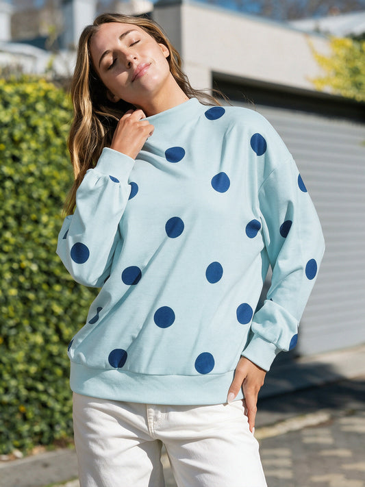 Mock Neck Long Sleeve Polka Dot Sweatshirts - Fisoew