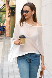 Fisoew Women's White Sheer Lightweight Knit  Poncho Top - Fisoew