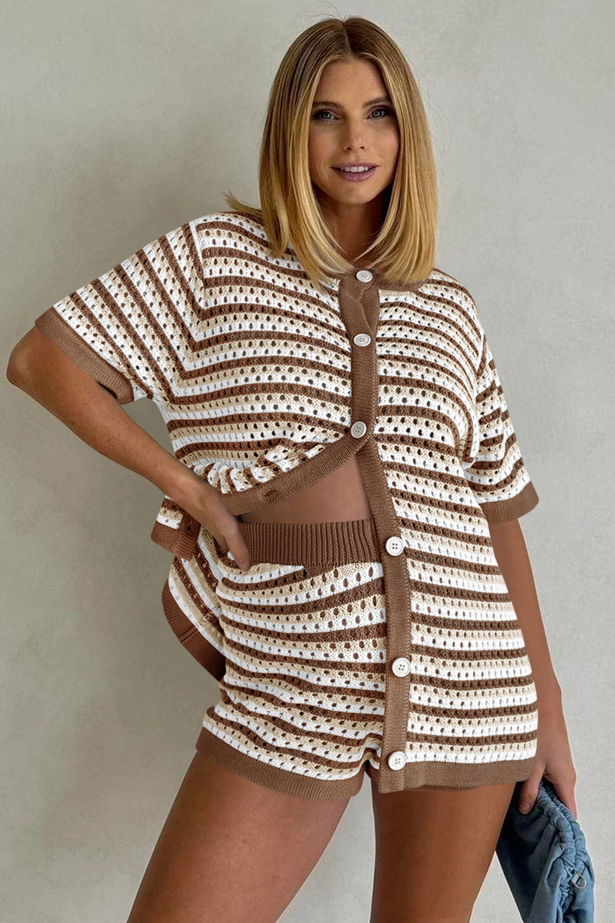 Fisoew Women's Brown Crochet Striped Knit Swimsuit 2-Piece Set