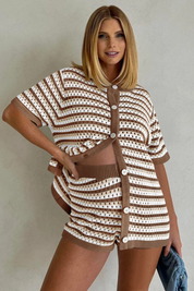 Fisoew Women's Brown Crochet Striped Knit Swimsuit 2-Piece Set