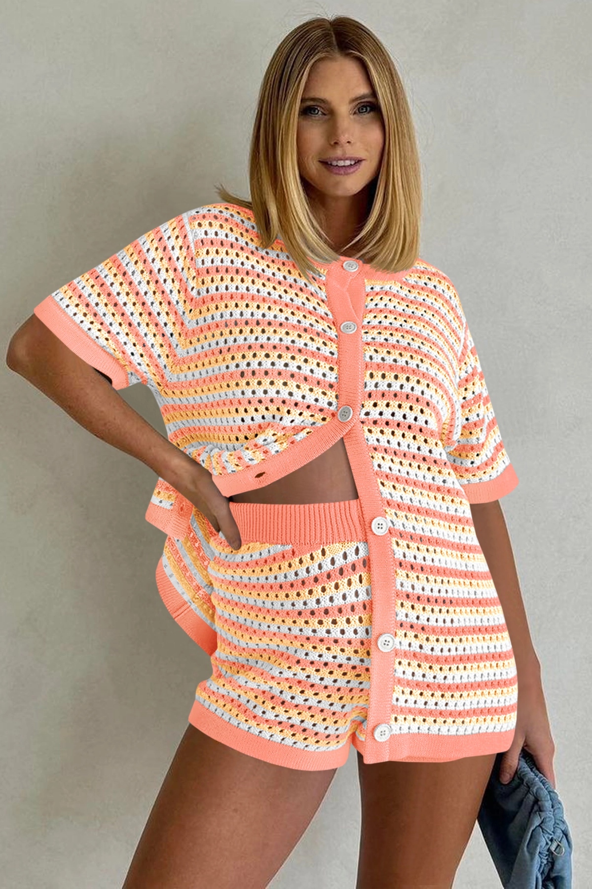 Fisoew Women's Orange Crochet Striped Knit Swimsuit 2-Piece Set