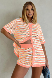 Fisoew Women's Orange Crochet Striped Knit Swimsuit 2-Piece Set
