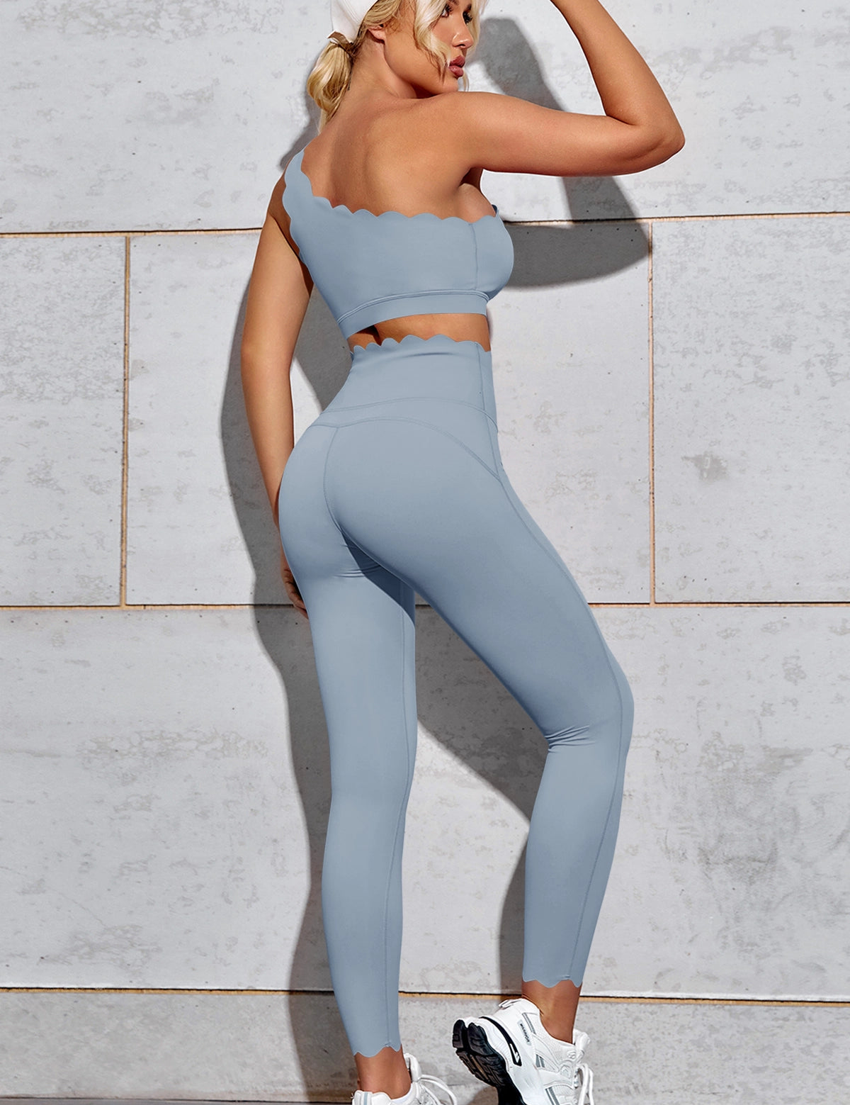 Fisoew Women's Light Blue High Waisted Leggings Workout Sets - Fisoew