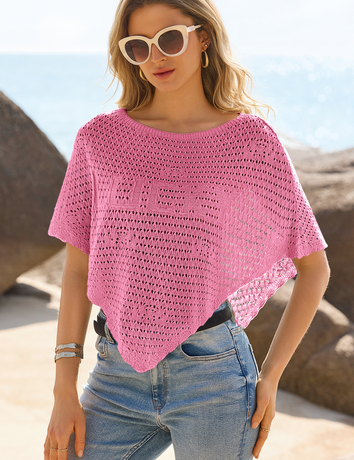 Fisoew Women's Pink Sheer Shawl Boho Crochet Cover Ups - Fisoew