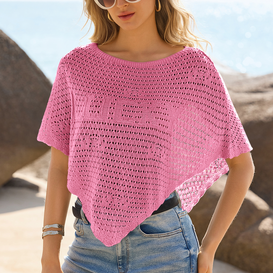 Fisoew Women's Pink Sheer Shawl Boho Crochet Cover Ups - Fisoew