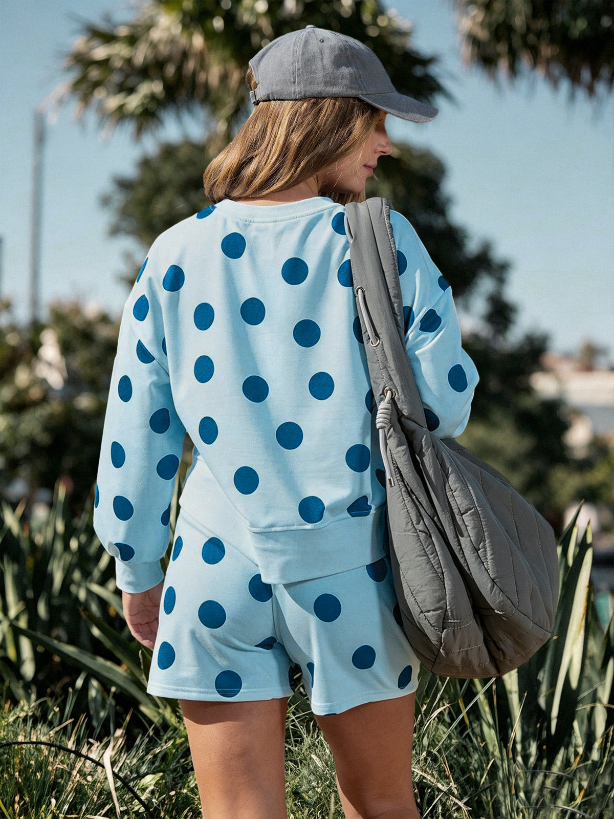 Polka Dot Sweatshirts With Short Sets - Fisoew