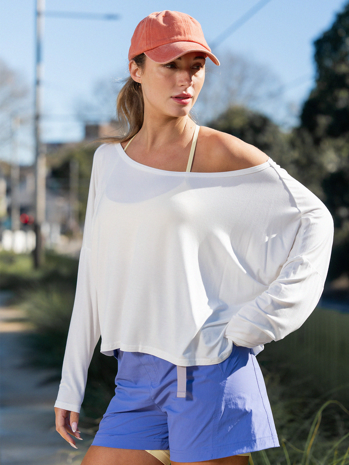 Off Shoulder Solid Long Sleeve T-Shirts - Fisoew