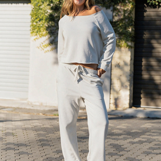 Off-Shoulder Crop Top With Wide-Leg Pants Set - Fisoew