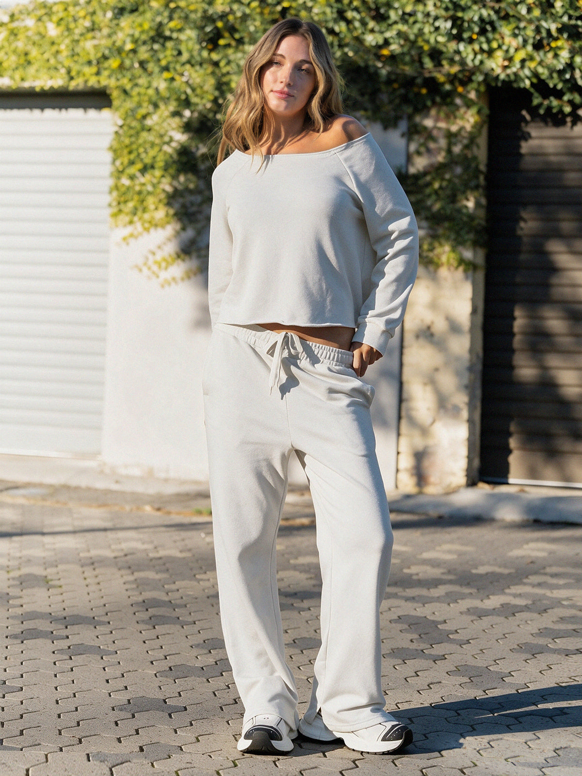 Off-Shoulder Crop Top With Wide-Leg Pants Set - Fisoew