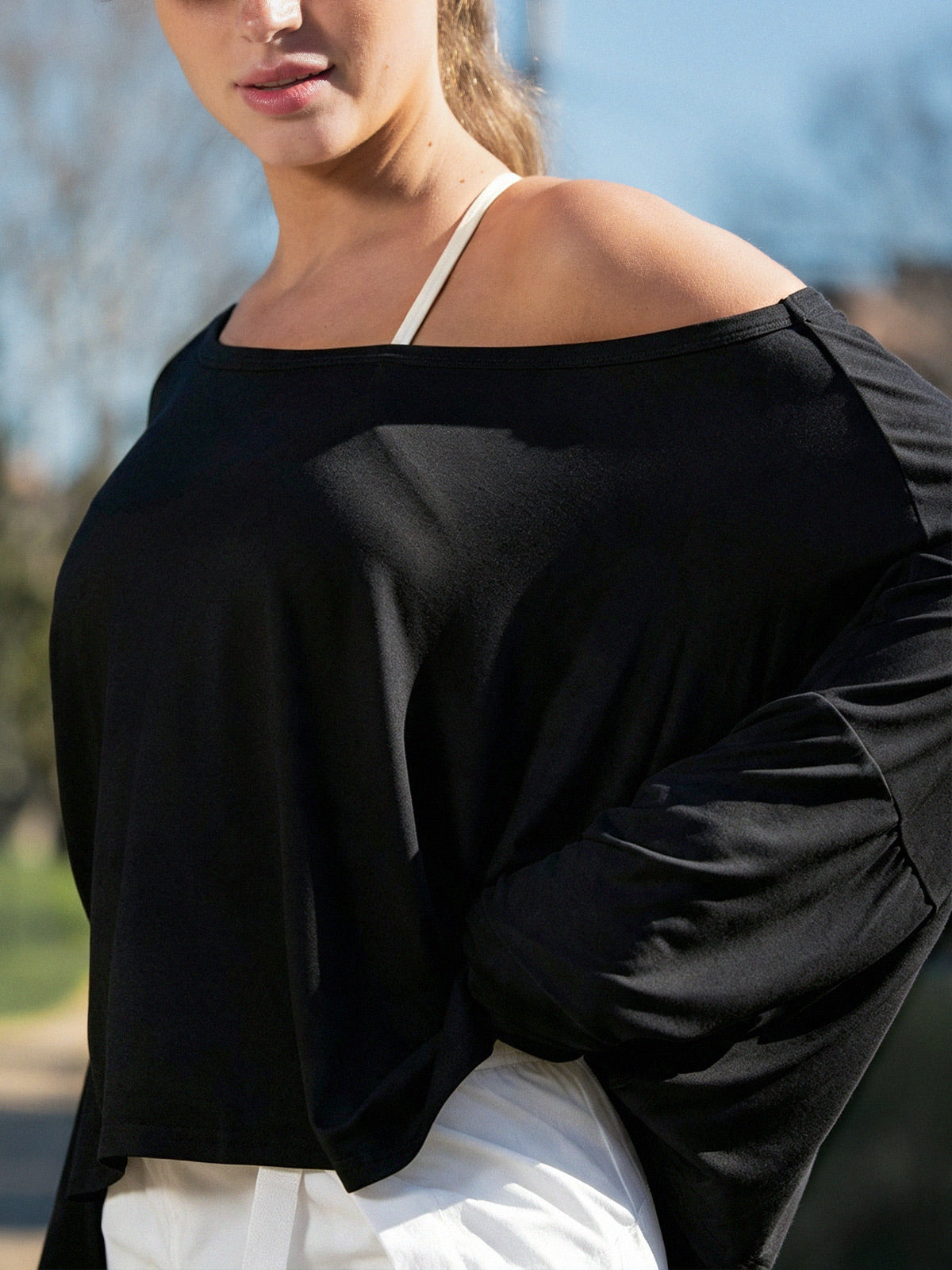 Off Shoulder Solid Long Sleeve T-Shirts - Fisoew