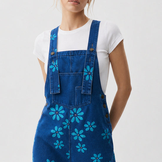 Flower Print Wide Leg Denim Jumpsuit - Fisoew