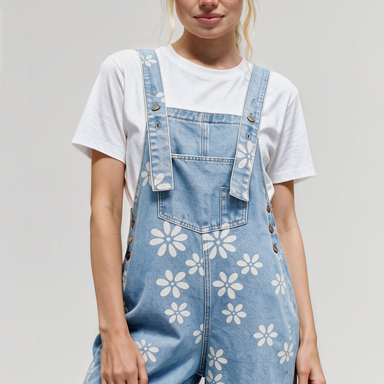 Flower Print Wide Leg Denim Jumpsuit - Fisoew