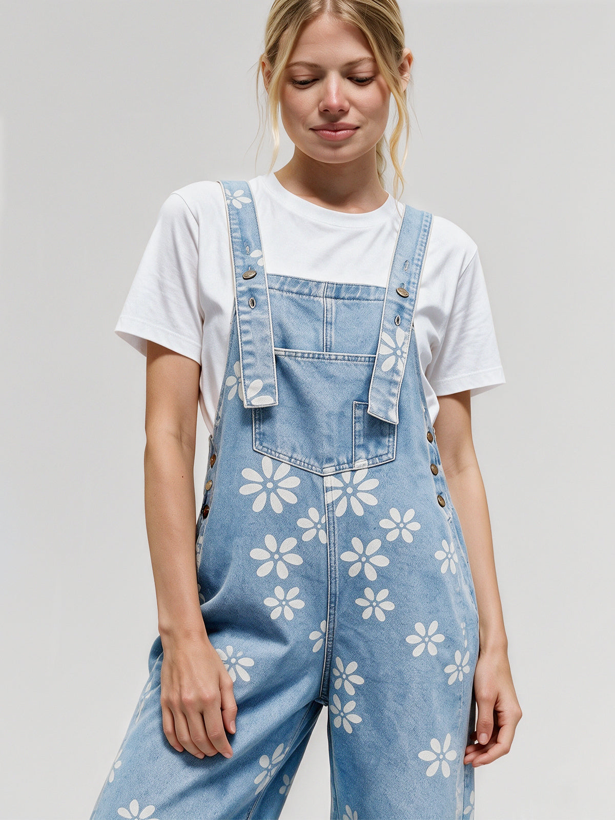 Flower Print Wide Leg Denim Jumpsuit - Fisoew