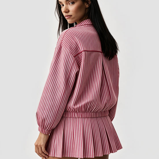 Stripe Zipper Jacket With Pleated Skirt Sets - Fisoew