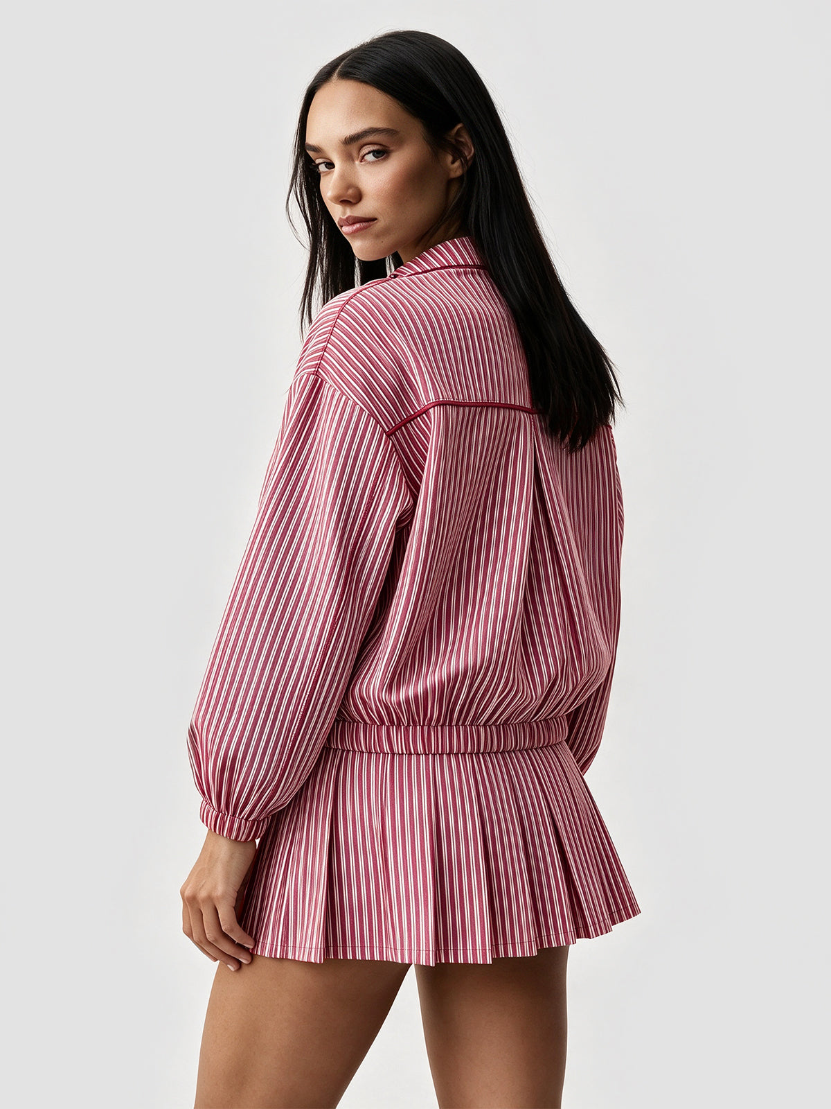 Stripe Zipper Jacket With Pleated Skirt Sets - Fisoew