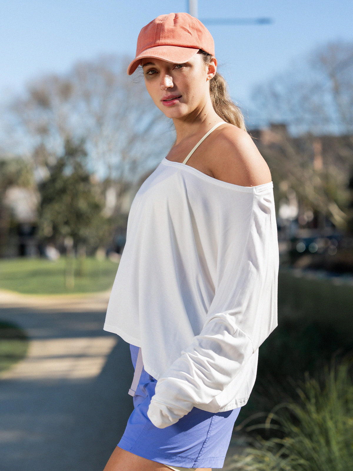 Off Shoulder Solid Long Sleeve T-Shirts - Fisoew