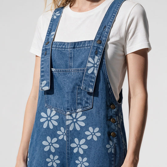 Flower Print Wide Leg Denim Jumpsuit - Fisoew