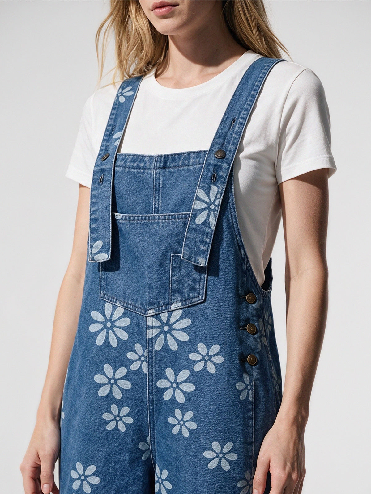 Flower Print Wide Leg Denim Jumpsuit - Fisoew