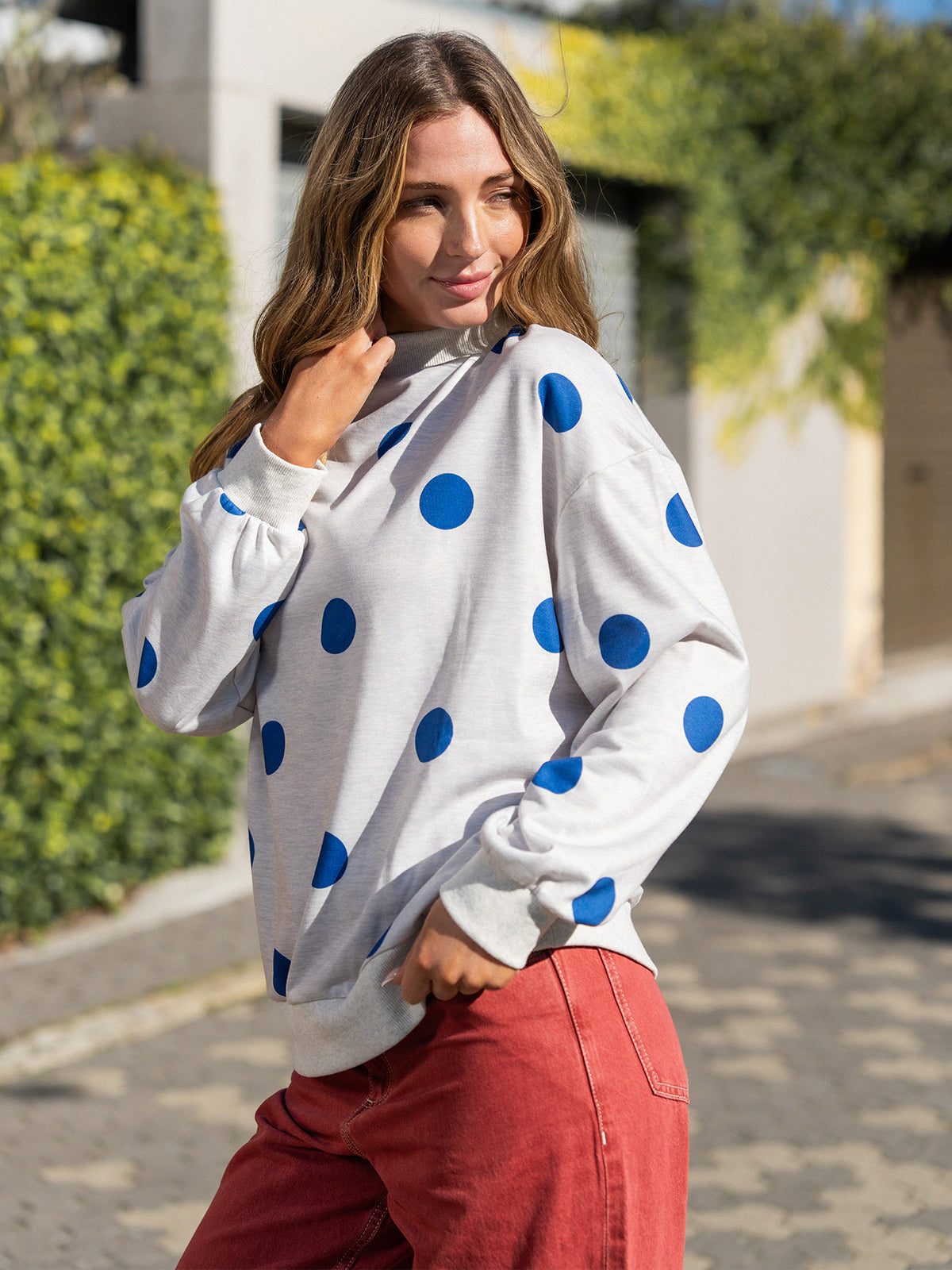 Mock Neck Long Sleeve Polka Dot Sweatshirts - Fisoew