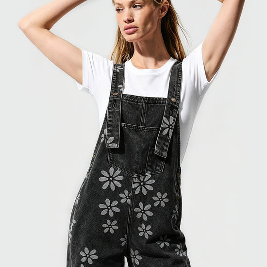 Flower Print Wide Leg Denim Jumpsuit - Fisoew