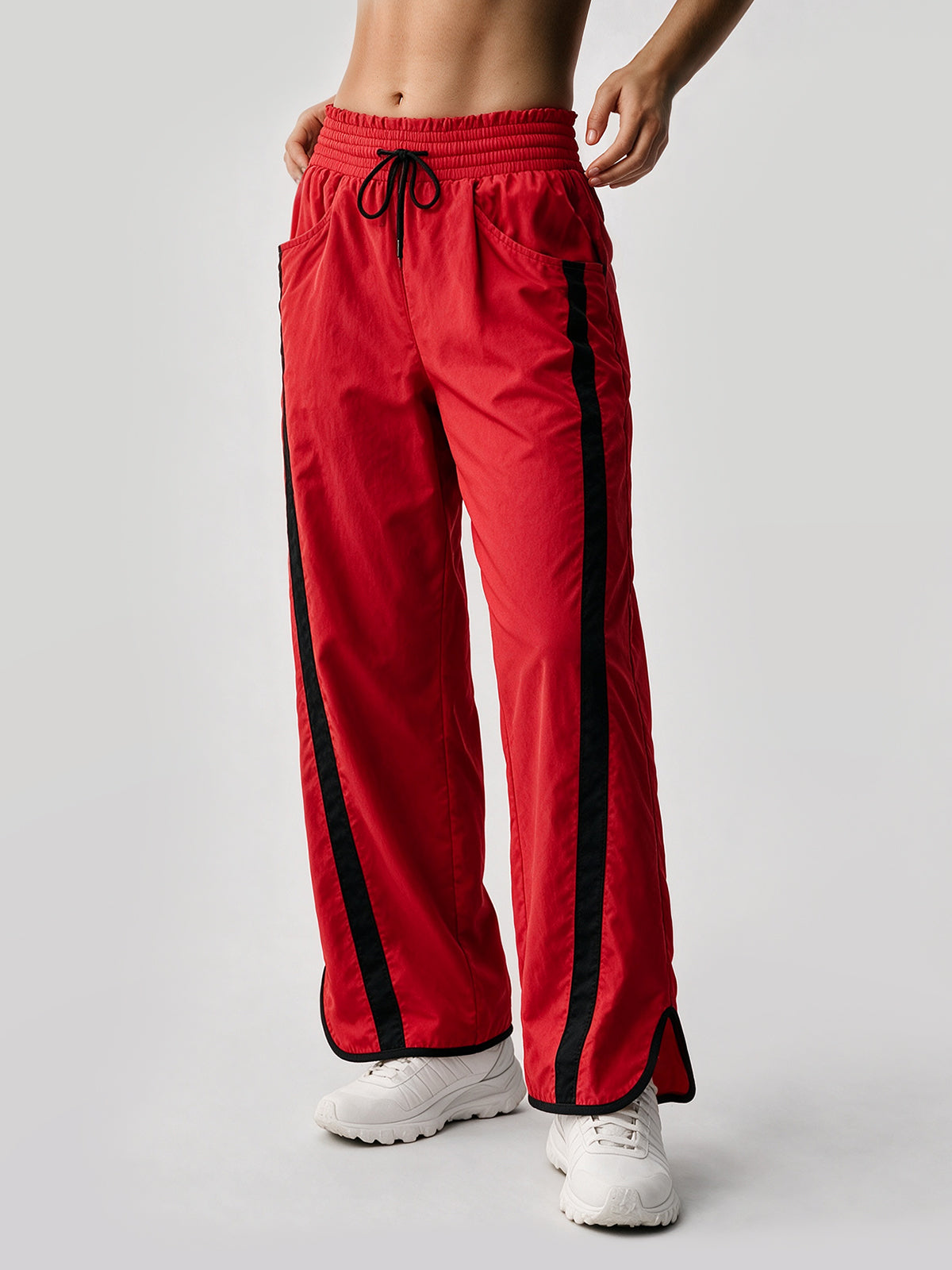 Drawstring Elastic Contrast Color Pants - Fisoew