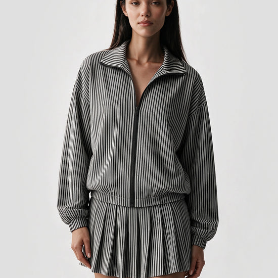 Stripe Zipper Jacket With Pleated Skirt Sets - Fisoew