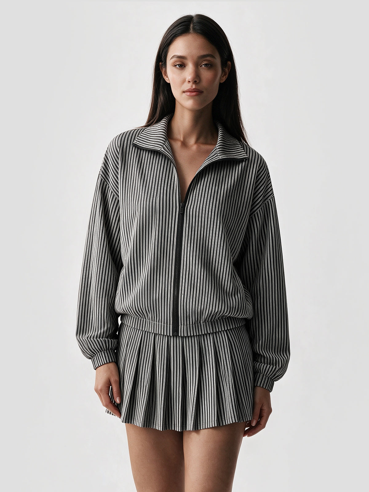 Stripe Zipper Jacket With Pleated Skirt Sets - Fisoew
