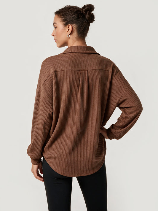 Oversized Collared Ribbed Knit Shirts - Fisoew