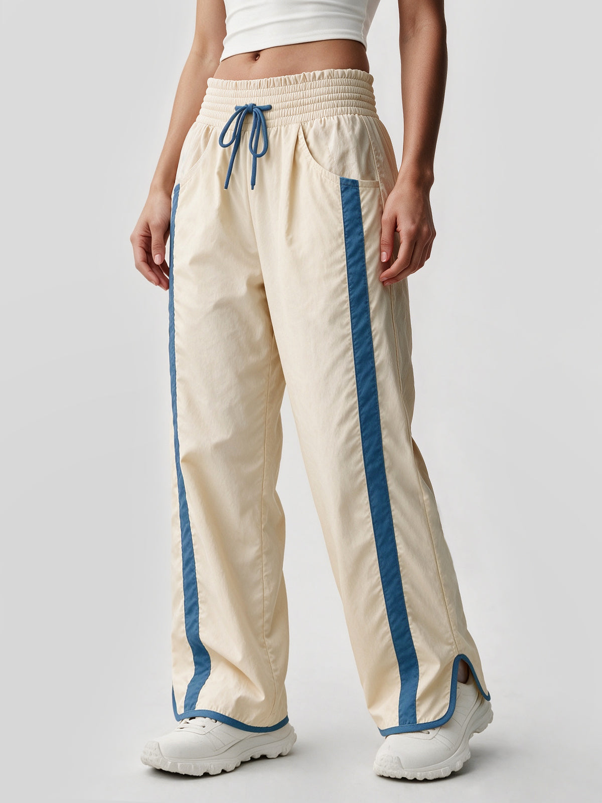 Drawstring Elastic Contrast Color Pants - Fisoew
