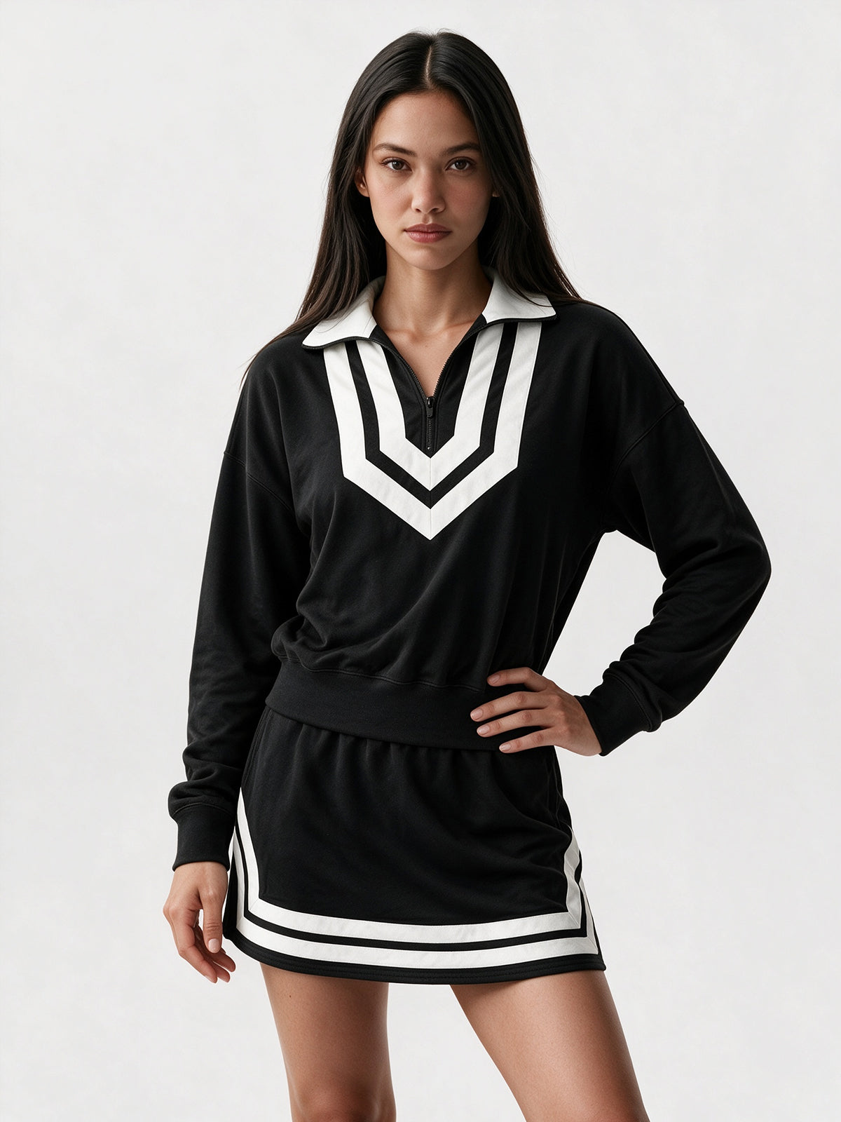 Half Zip Sweatshirt With Skirt Sets - Fisoew