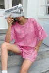 Womens Pink Striped Short Sets 2 Piece Fisoew - Fisoew