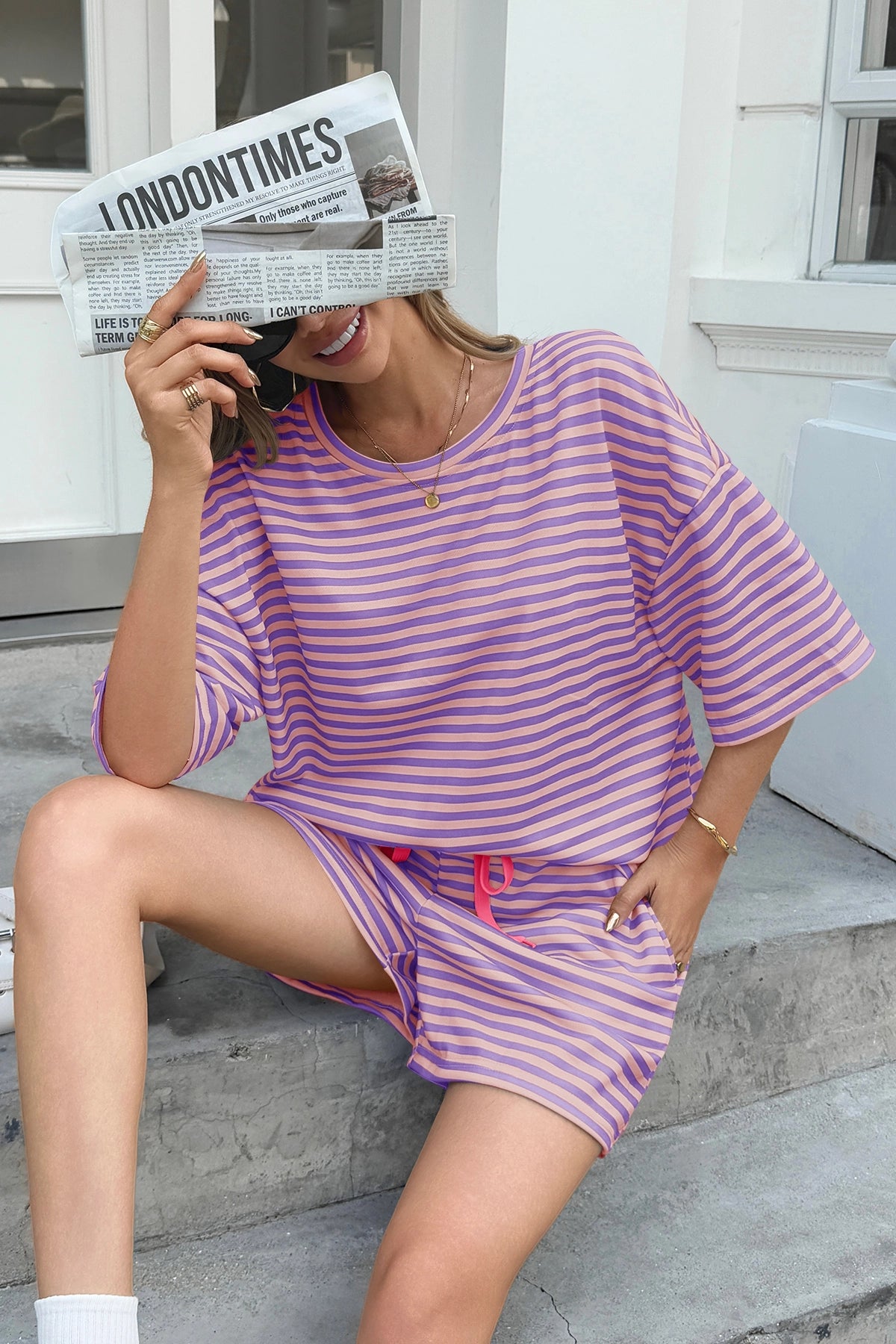Womens Violet Striped Short Sets 2 Piece Fisoew - Fisoew