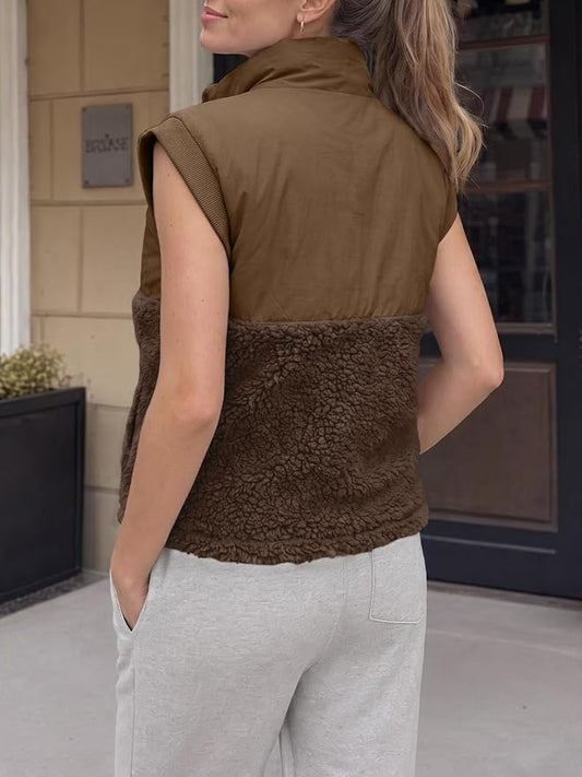 Sherpa Fleece Puffer Patchwork Zip Up Vests