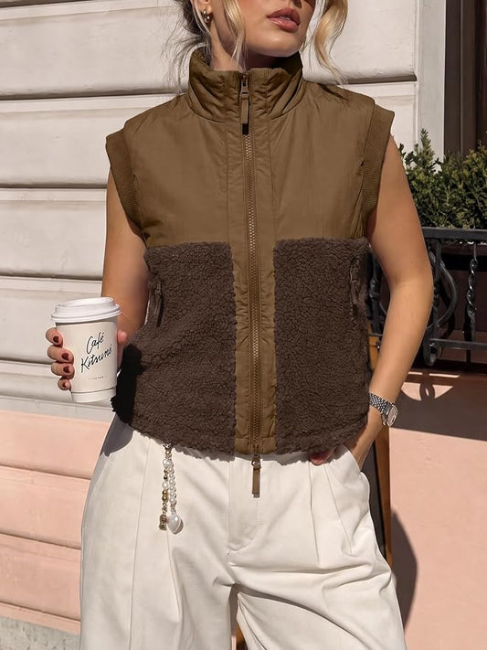 Sherpa Fleece Puffer Patchwork Zip Up Vests