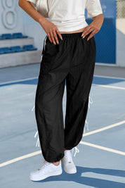 Fisoew Women’s Black Casual Elastic Wide Leg Track Pants - Fisoew