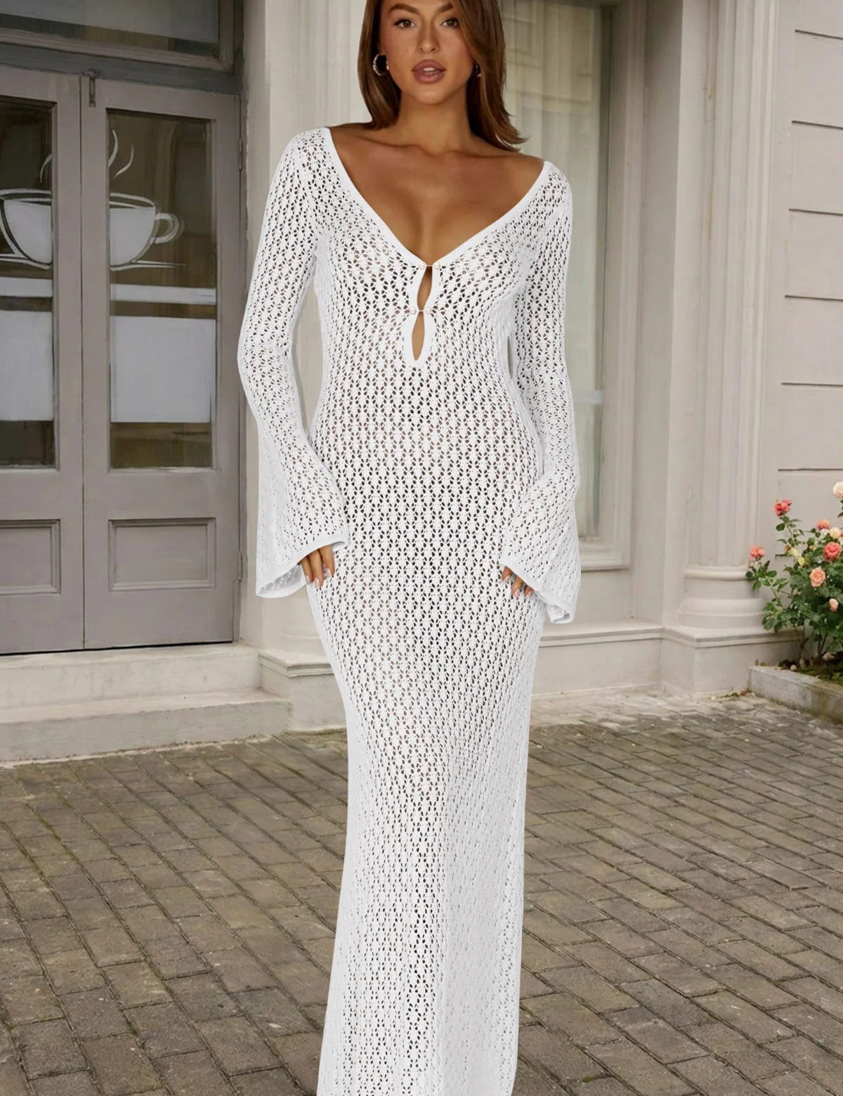 Fisoew Women's White Long Sleeve Sexy Bodycon Summer Knit Dresses - Fisoew