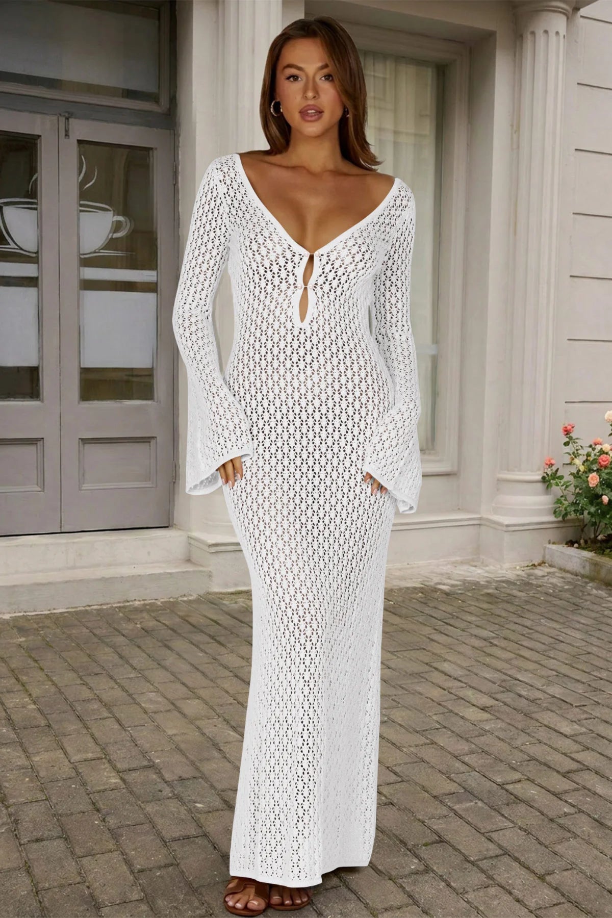 Fisoew Women's White Long Sleeve Sexy Bodycon Summer Knit Dresses - Fisoew
