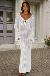 Fisoew Women's White Long Sleeve Sexy Bodycon Summer Knit Dresses - Fisoew