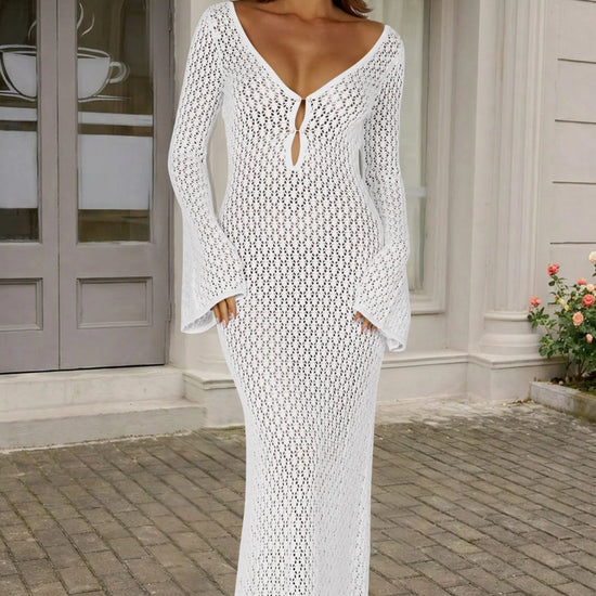 Fisoew Women's White Long Sleeve Sexy Bodycon Summer Knit Dresses - Fisoew