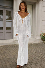 Fisoew Women's White Long Sleeve Sexy Bodycon Summer Knit Dresses