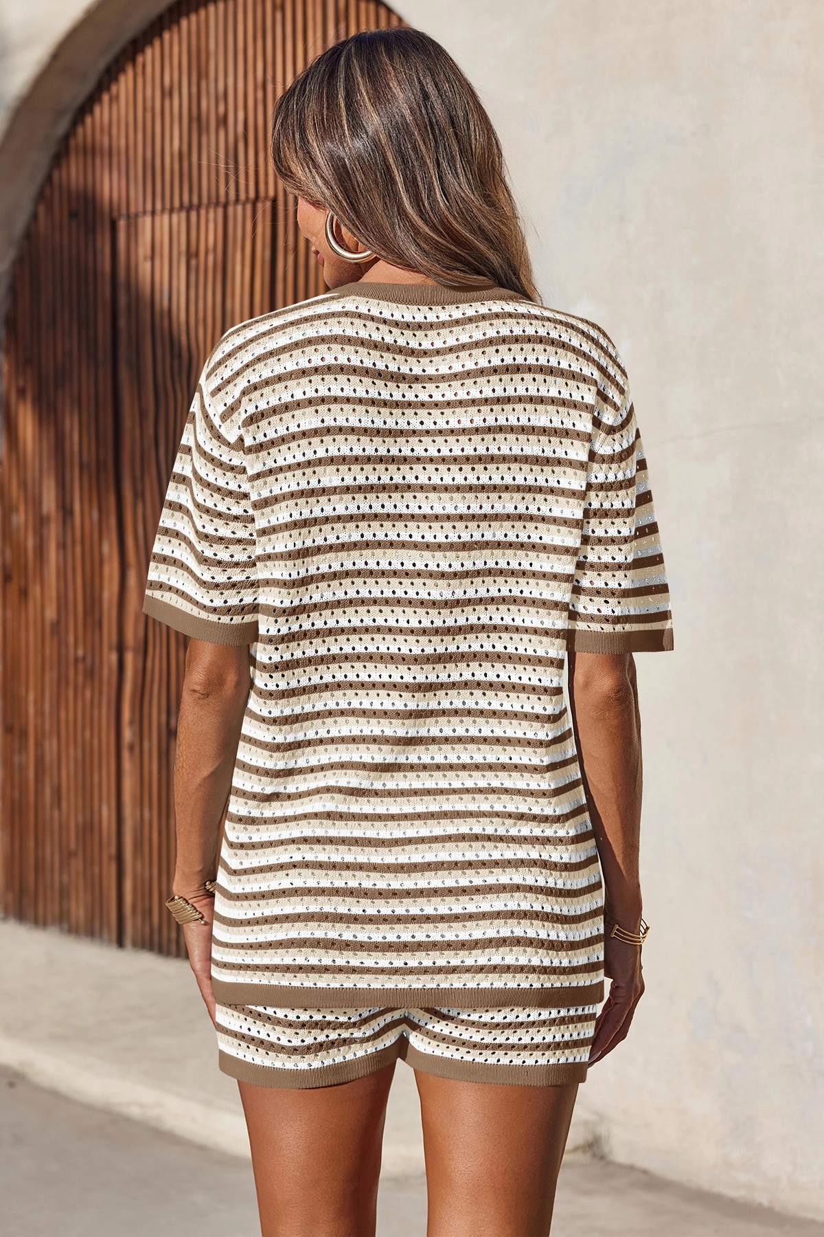 Fisoew Women's Brown Crochet Striped Knit Swimsuit 2-Piece Set