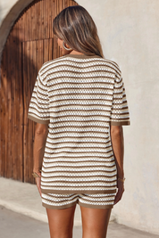 Fisoew Women's Brown Crochet Striped Knit Swimsuit 2-Piece Set